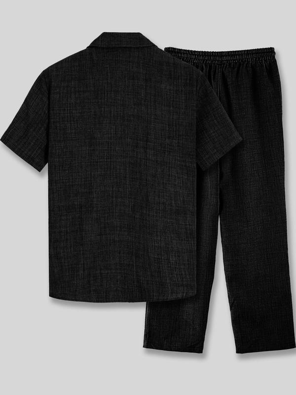 Men's Solid Button Shirt & Drawstring Waist Pants Loungewear