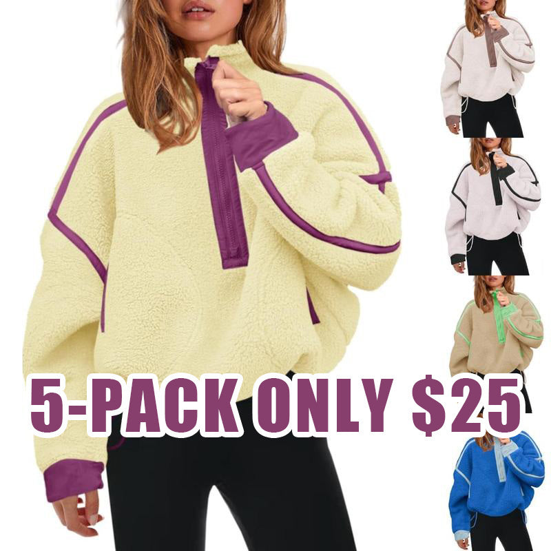 Women's Half Zip Sherpa Fleece Pullover β Color Block Oversized Cozy Sweatshirt with Pockets