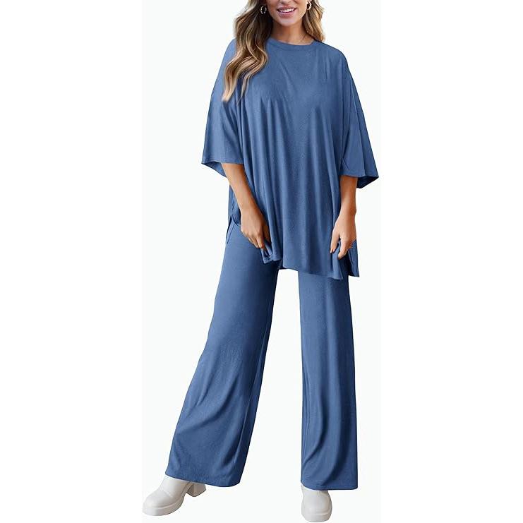 Women’s 2-Piece Lounge Set – Short Sleeve Top & Wide Leg Pants