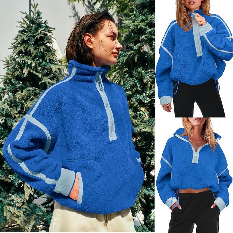 Women's Half Zip Sherpa Fleece Pullover β Color Block Oversized Cozy Sweatshirt with Pockets