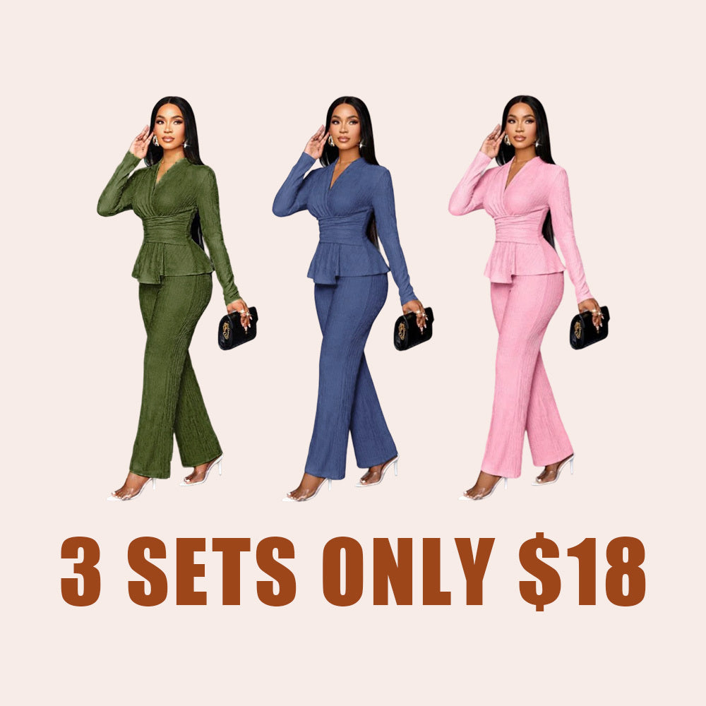 Women’s Elegant Apricot Two-Piece Set – V-Neck Top & Wide Leg Pants