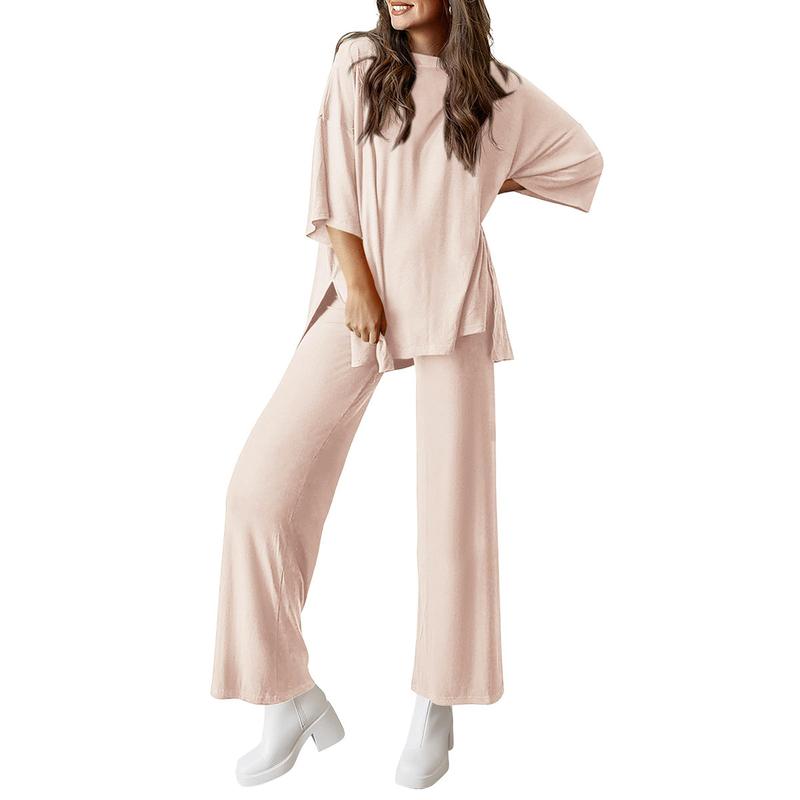 Women’s 2-Piece Lounge Set – Short Sleeve Top & Wide Leg Pants