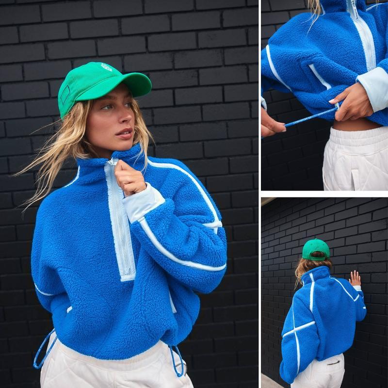 Women's Half Zip Sherpa Fleece Pullover β Color Block Oversized Cozy Sweatshirt with Pockets