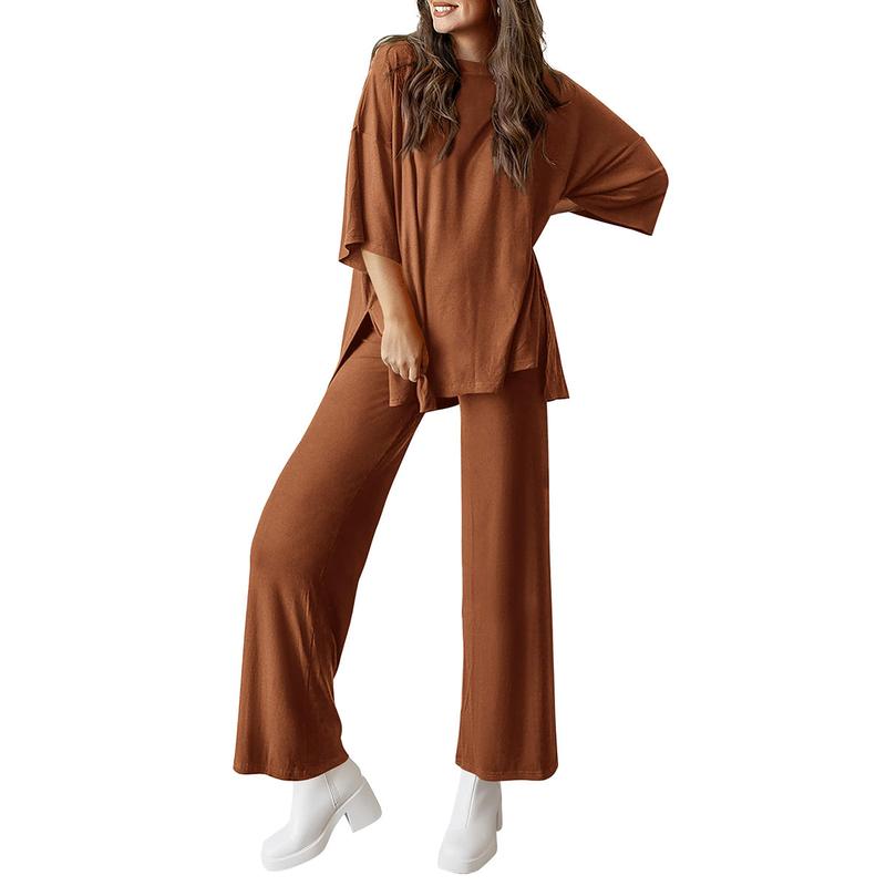 Women’s 2-Piece Lounge Set – Short Sleeve Top & Wide Leg Pants