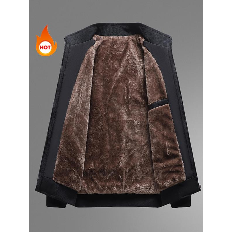 Men's Solid Color Funnel Neck Zip Up Practical Pockets Fleece Winter Jacket