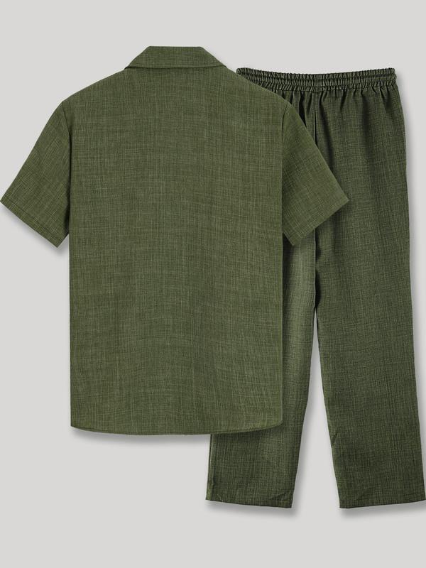 Men's Solid Button Shirt & Drawstring Waist Pants Loungewear