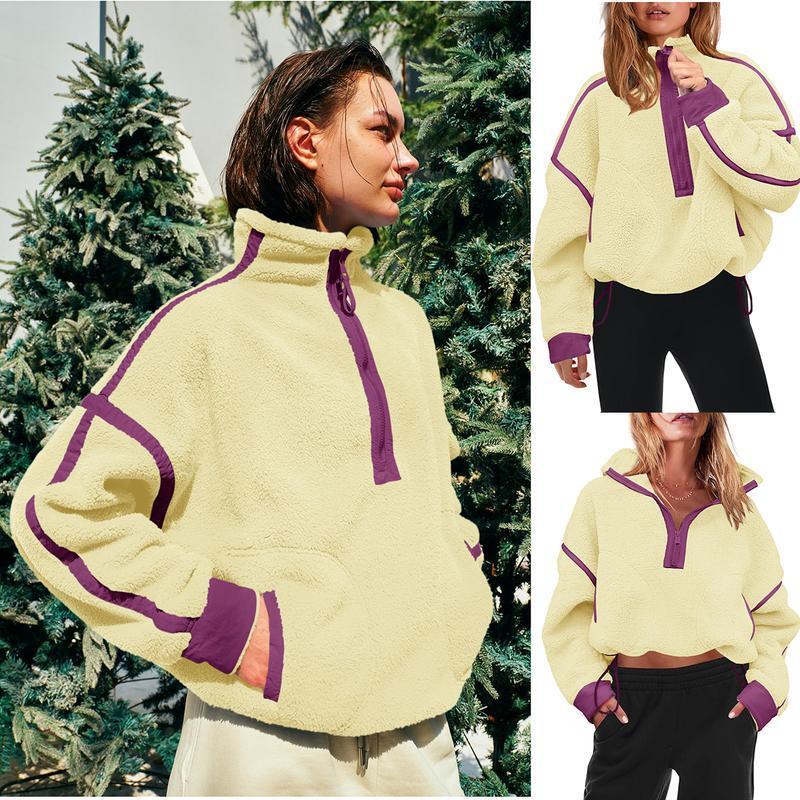 Women's Half Zip Sherpa Fleece Pullover β Color Block Oversized Cozy Sweatshirt with Pockets