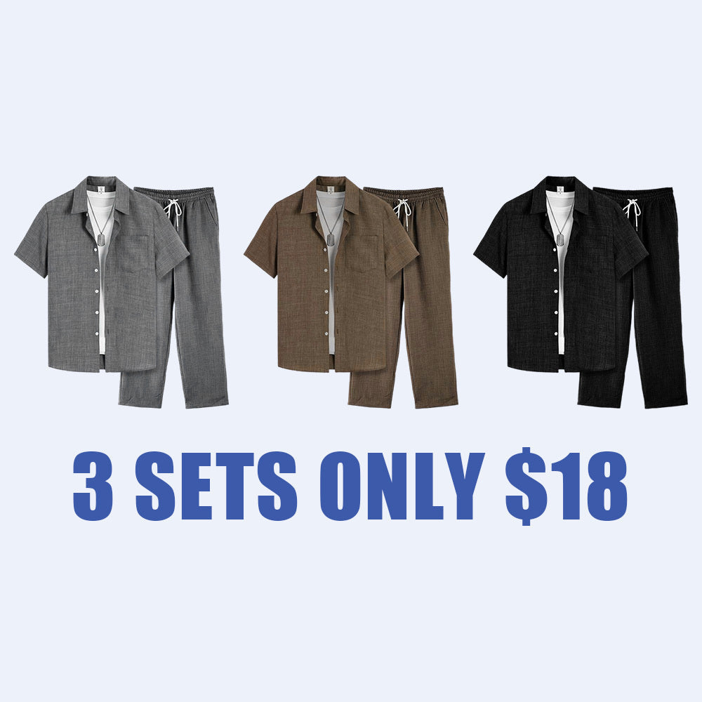 Men's Solid Button Shirt & Drawstring Waist Pants Loungewear