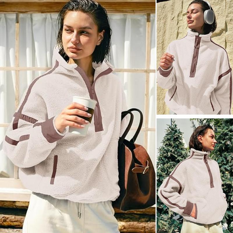 Women's Half Zip Sherpa Fleece Pullover β Color Block Oversized Cozy Sweatshirt with Pockets