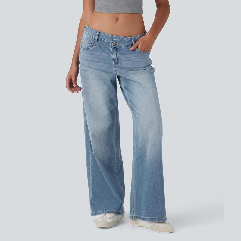 Asymmetric Wide Leg Zipper Pocket Jeans