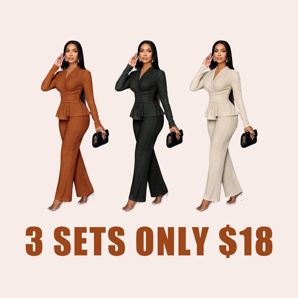 Women’s Elegant Apricot Two-Piece Set – V-Neck Top & Wide Leg Pants