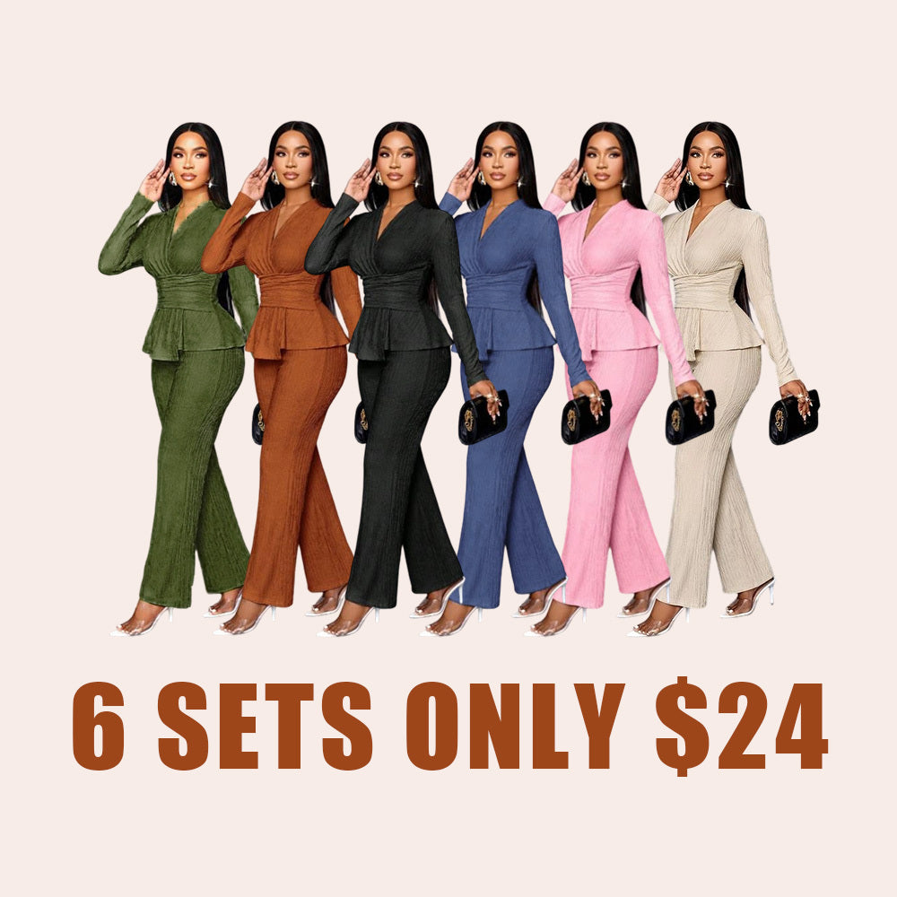 Women’s Elegant Apricot Two-Piece Set – V-Neck Top & Wide Leg Pants