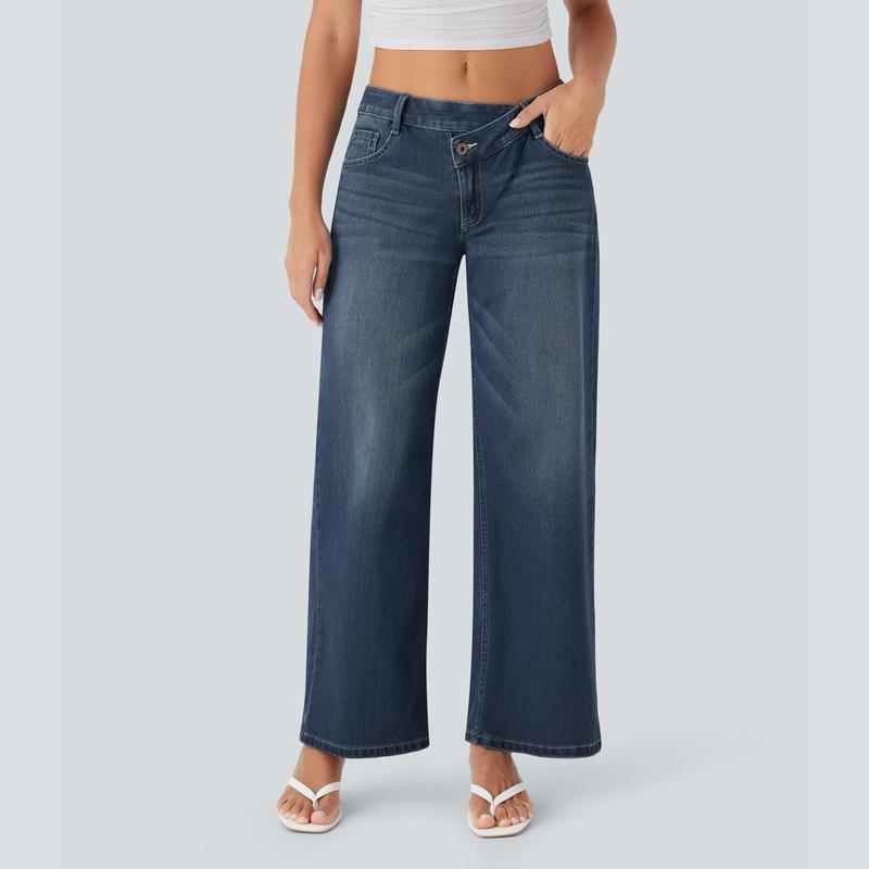 Asymmetric Wide Leg Zipper Pocket Jeans