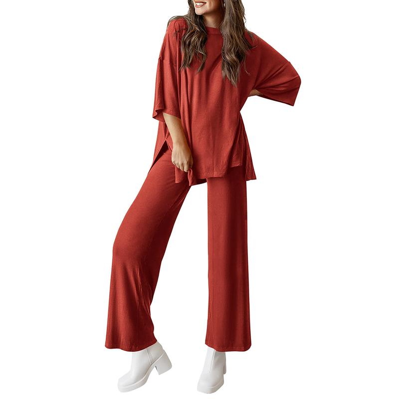 Women’s 2-Piece Lounge Set – Short Sleeve Top & Wide Leg Pants