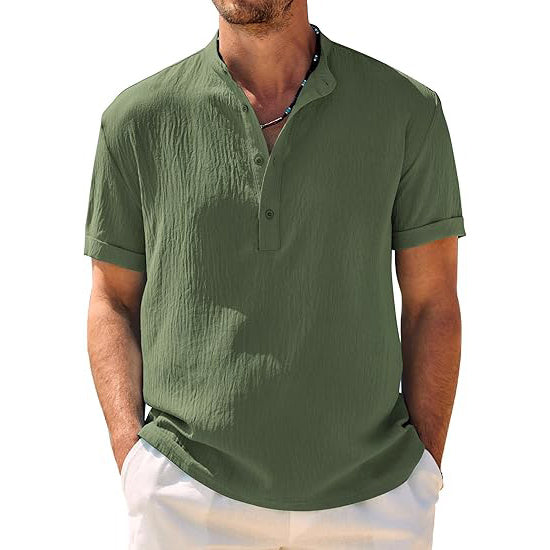 Men's Casual Henley Shirt Band Collar Short Sleeve Shirt Summer Beach Hippie T-Shirt
